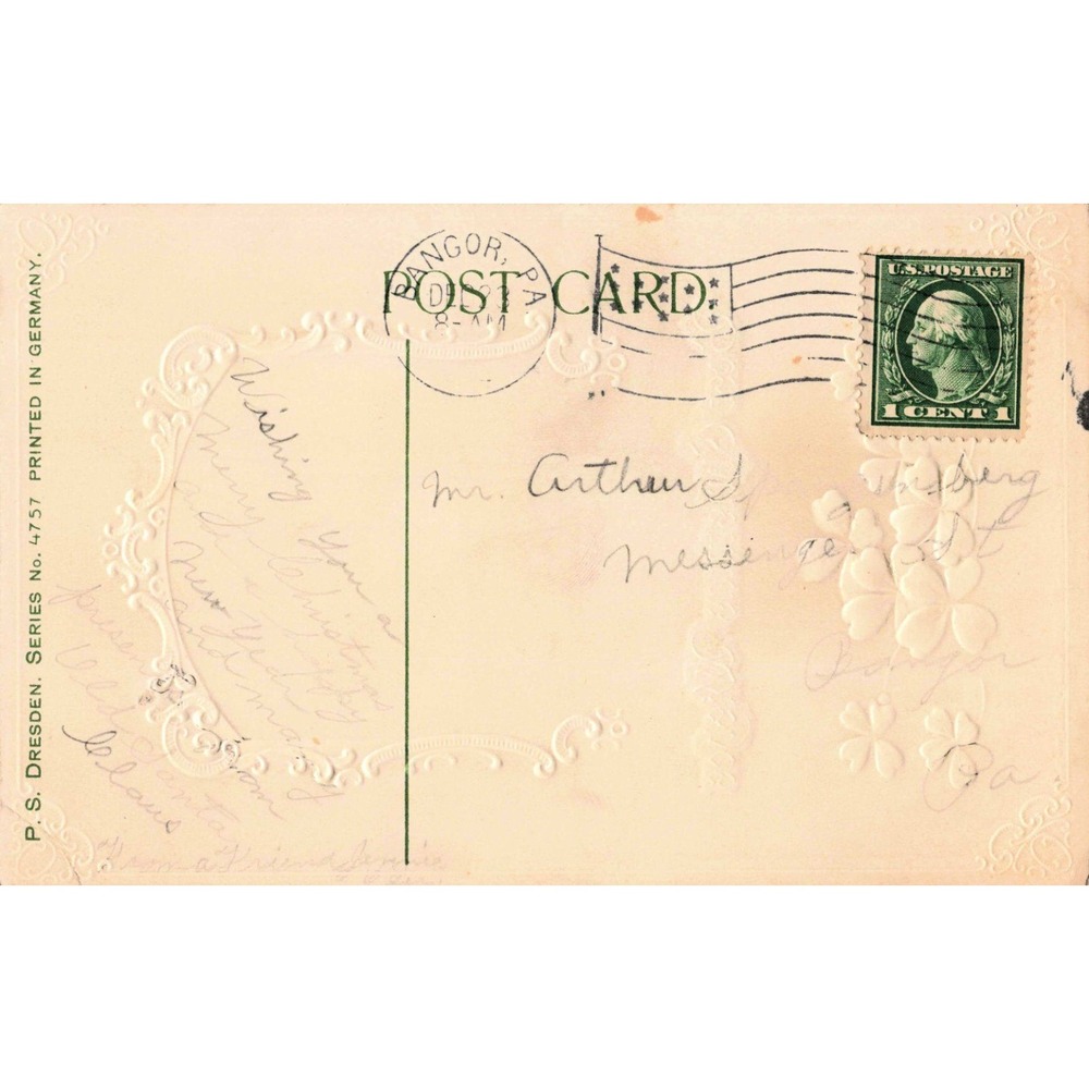 Christmas Postcard PS Dresden 4757 Winter Cottage Man Dog Clovers Embossed 1911 - Picture 2 of 2